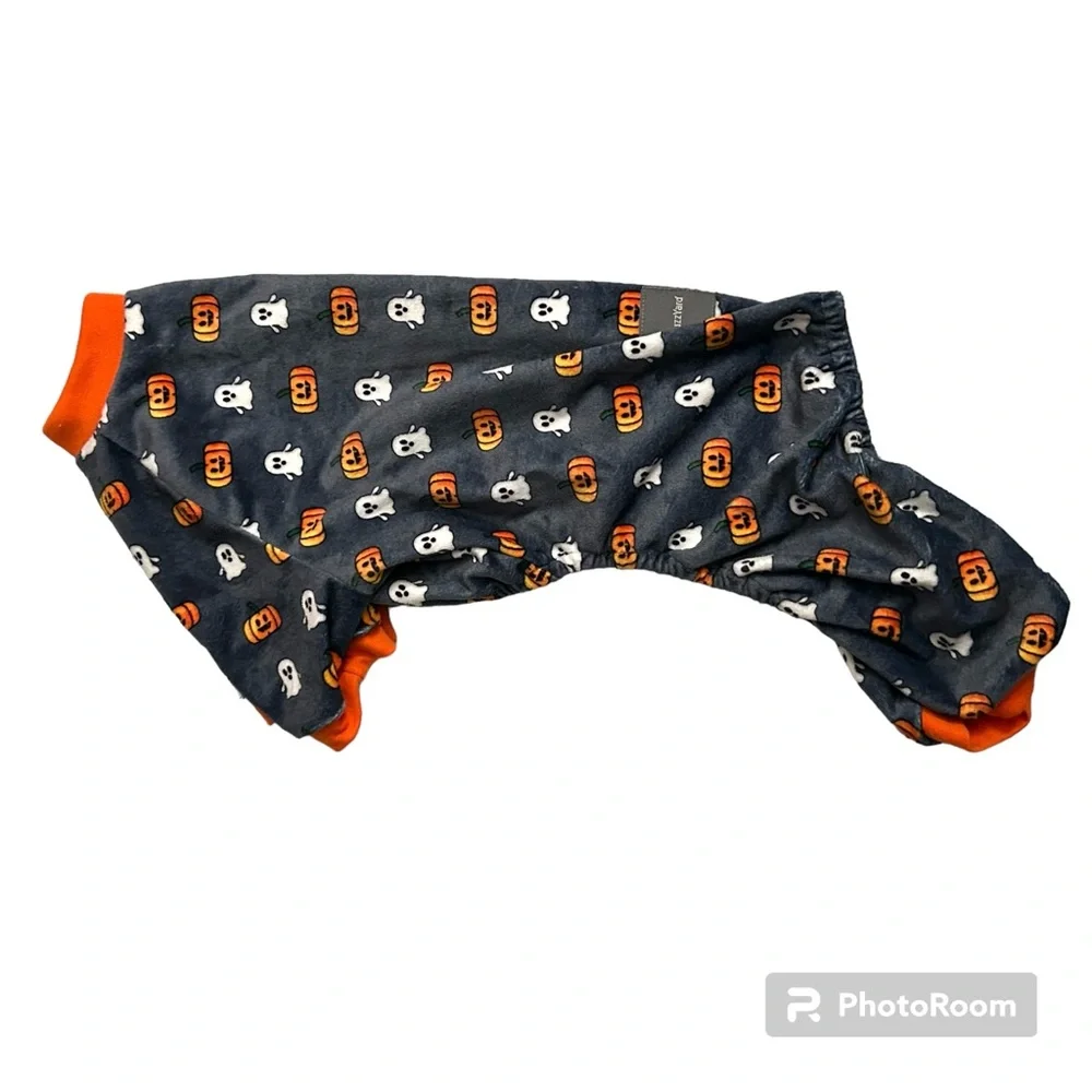 LIKE NEW FuzzYard Halloween Pumpkin & Ghost Gray Plush Dog Pajamas - Size 3